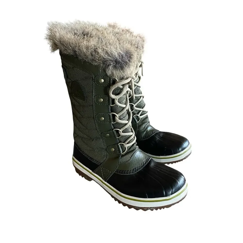 SOREL Size 4/EU 35 Green Lace-Up Faux Fur Waterproof Duck Boots Youth LY1890-213